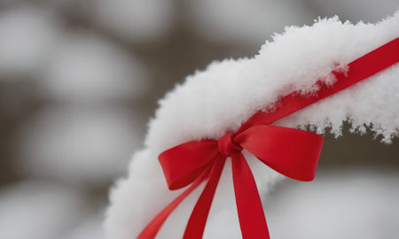 Red bow on a snowy branch with a blurred background. Shallow depth of fieldの写真素材