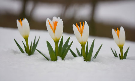White crocuses in the snow. First spring flowers. First snow.の写真素材