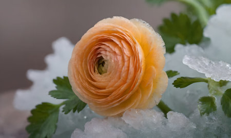 Orange ranunculus flower on ice with copy space for your textの写真素材