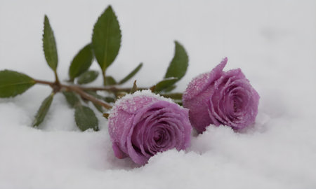 purple roses in the snow, winter backgroundの写真素材