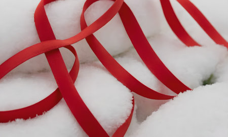 Red ribbon on white snow background. Shallow depth of field.の写真素材