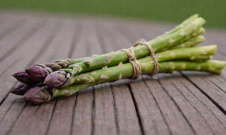 Bunch of fresh green asparagus spears on wooden table.の写真素材