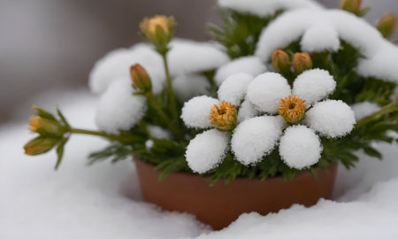 Flowers in a clay pot on the snow. Shallow depth of fieldの写真素材