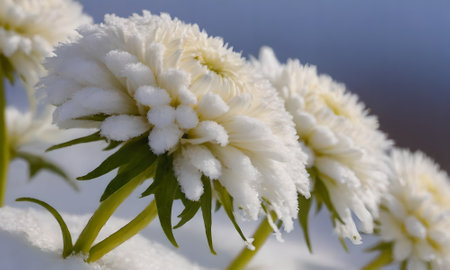 White chrysanthemums in the snow, close-upの写真素材