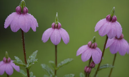 Purple flowers covered with water drops on a blurred backgroundの写真素材