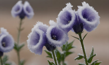 Close up of blue flowers covered with hoarfrost in a gardenの写真素材
