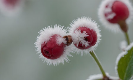 Frozen red currant berries covered with hoarfrost in winter