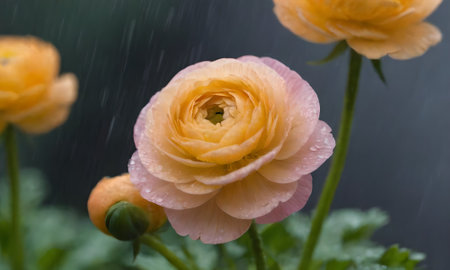 Ranunculus (persian buttercups) in rainの写真素材