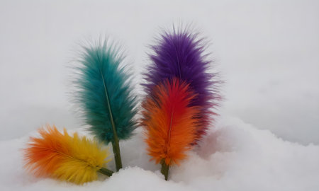 Colorful feathers in the snow. Selective focus and shallow depth of field.の写真素材