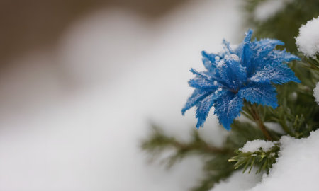 Blue flower on a branch of a Christmas tree in the snow.の写真素材