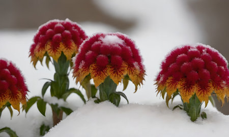 Red and yellow cockscomb flowers covered with snow in the winterの写真素材