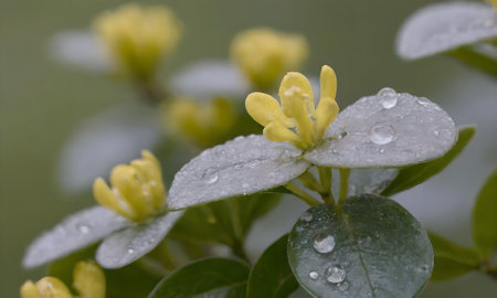 Yellow flowers and green leaves with water droplets on the petalsの写真素材