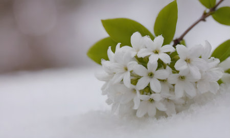 White flowers on the snow in the garden. Selective focus.の写真素材