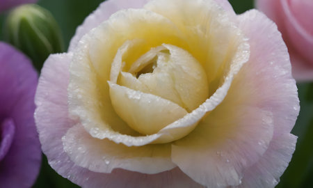 Closeup of a pink and white eustoma with water drops