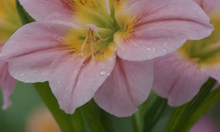 pink lily with water drops on petals close-upの写真素材