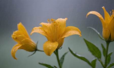 Yellow lily flowers with raindrops on a rainy day close up
