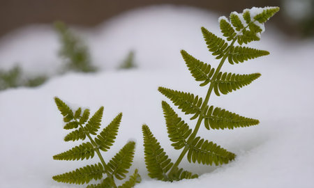 Green fern leaf in the snow, detail of a fern leafの写真素材