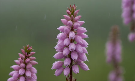 Pink heather (Calluna vulgaris) in the rain.
