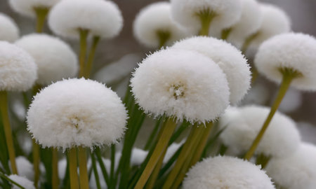 White fluffy dandelions in the garden, close-up.