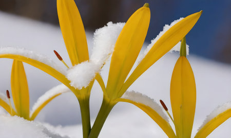 Yellow lilies in the snow, close-up, selective focusの写真素材
