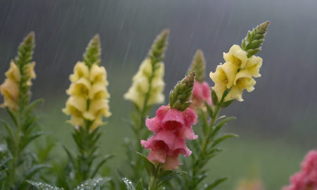 Rain drops on colorful snapdragon flowers in the garden on rainy day.の写真素材