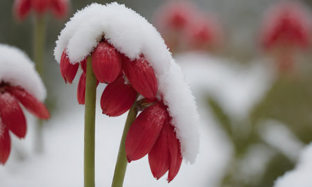 Red flowers covered with snow in the garden in winter, close upの写真素材