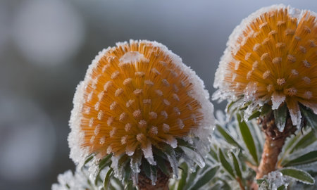 Close-up of yellow flowers covered with hoarfrost in winter