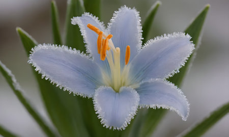 Close-up of a blue crocus flower in the snow.