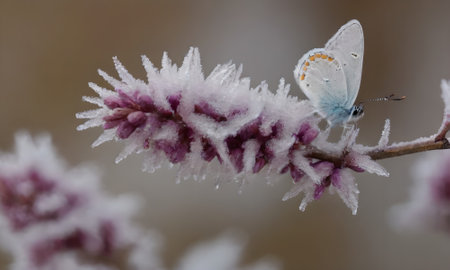 butterfly on a flower covered with hoarfrost in winter