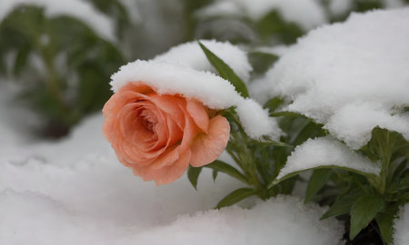 Orange rose under the snow in the garden. Shallow depth of field.