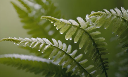 Close up of fern leaves with water droplets on it.