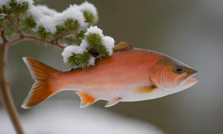 red fish on a branch in the snow, winter, close-upの写真素材