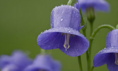 Close up of bluebell flowers with water droplets on petalsの写真素材