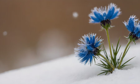 Blue cornflowers in the snow. Beautiful winter flowers in the snow.の写真素材