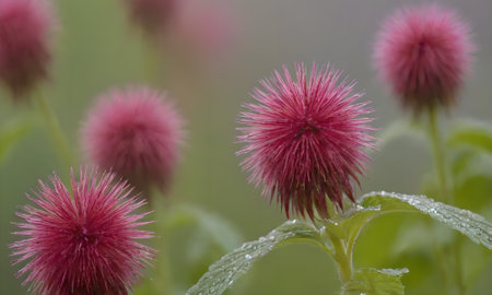 pink thistle flower with dew drops on the green backgroundの写真素材