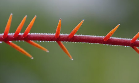 Close up of red stem of a cactus with water droplets