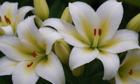 White lilies with water drops on the petals and green leavesの写真素材
