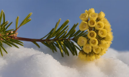 Branch of a spruce with yellow flowers in the snow.の写真素材