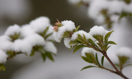 Snow on the branches of a blossoming rhododendronの写真素材