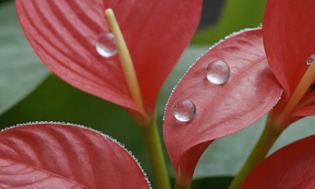 Water drops on red anthurium flowers, close-up.