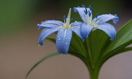 Blue flower with water droplets on the petals, close up