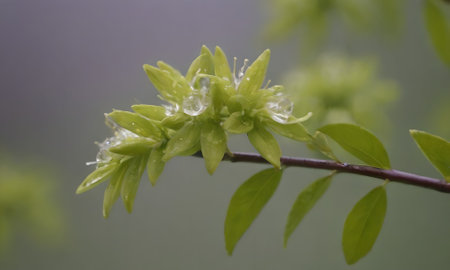 Green leaves and water drops on the branches of a tree in spring