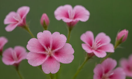 pink flowers on green background, macro photo with shallow depth of fieldの写真素材