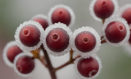 Frozen berries on a branch of a bush, close-up