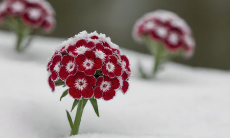 Dianthus barbatus flowers in the snow in winter, Englandの写真素材