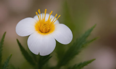 Close up of a white flower with yellow pollen on a blurred backgroundの写真素材