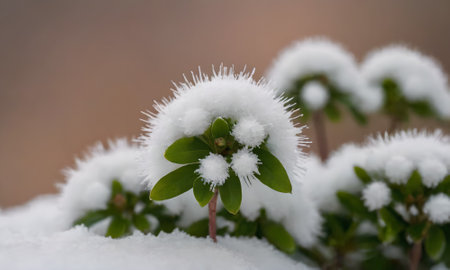 Rhododendron bush covered with snow in the forest.