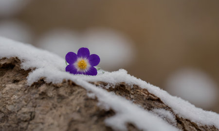 Purple flower in the snow on a background of green grass.の写真素材