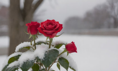 Red roses in the snow on the background of a winter landscape.の写真素材