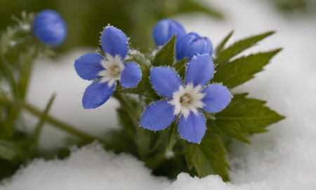Small blue flowers in the snow, close-up, macro photography